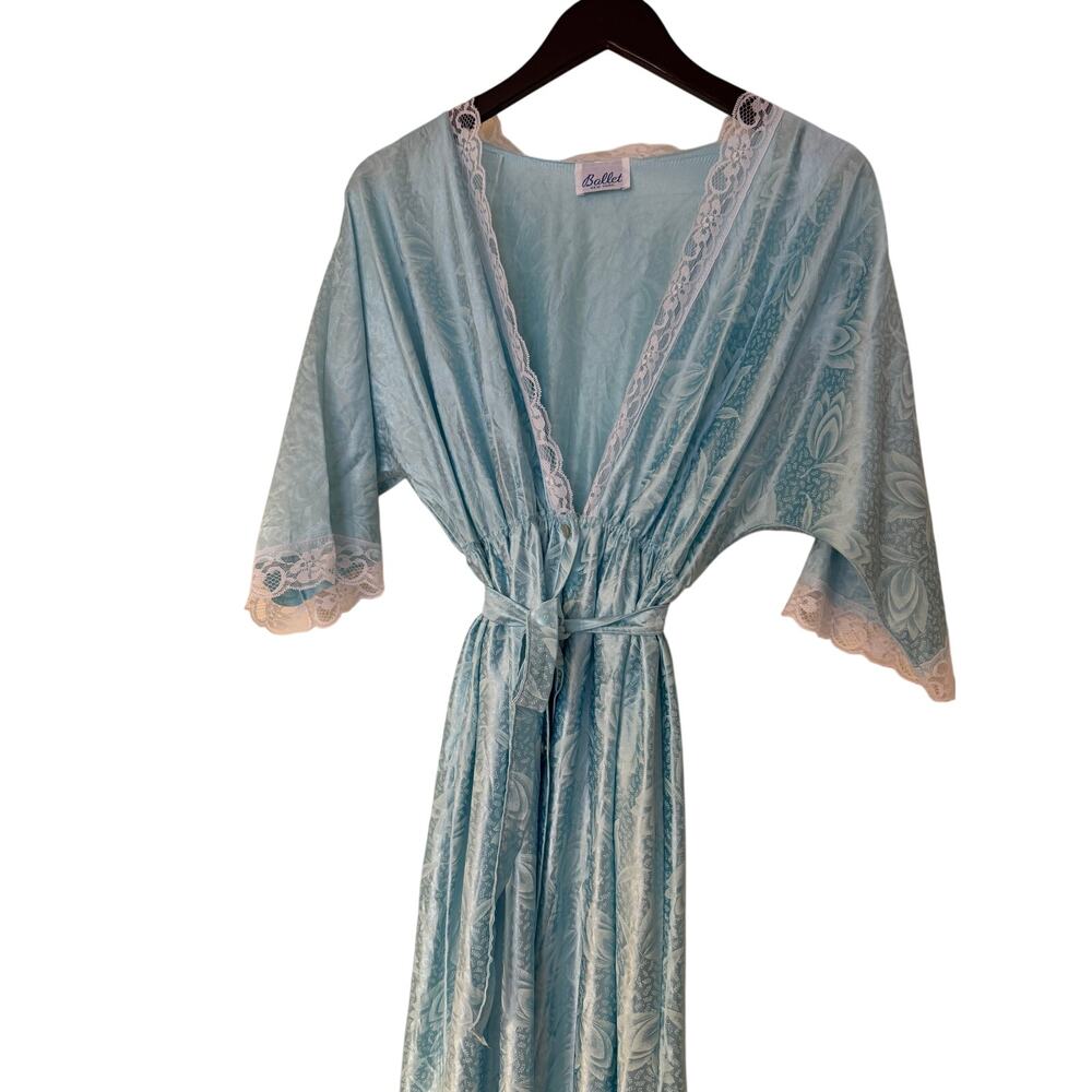Vintage 80s Pastel Baby Blue Floral Embossed Lace Robe Gown - Picture 2 of 9